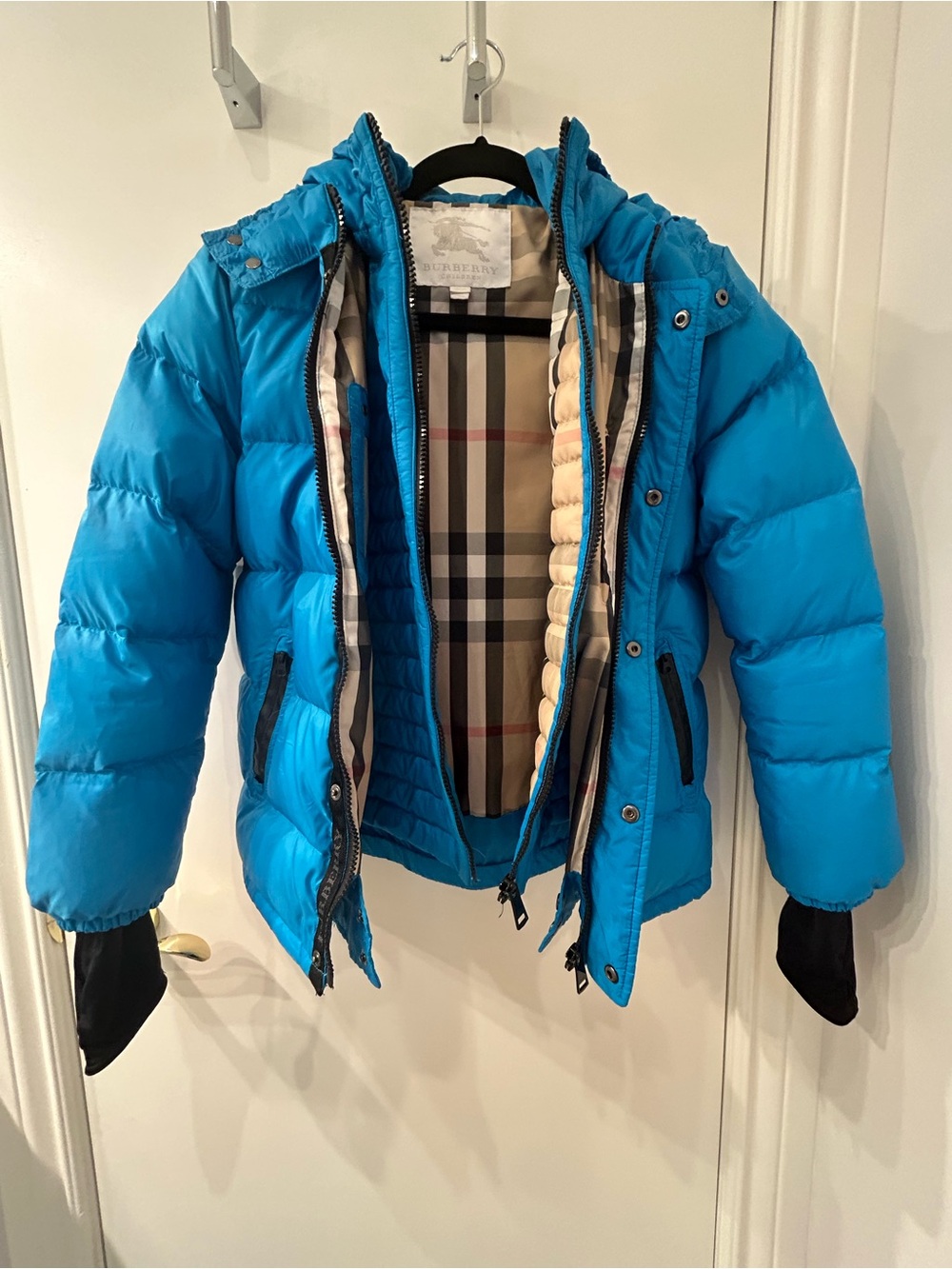 Burberry Kids Turquoise Blue Puffer Jacket with Check Lining